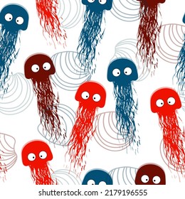 Sea animals blue watercolor ocean seamless pettern fish, turtle, whale and coral. Sea jellyfish pattern.