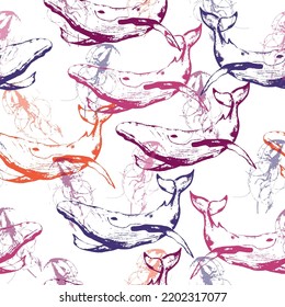 Sea animals blue watercolor ocean seamless pettern fish, turtle, whale and coral.   Nautical marine illustration
