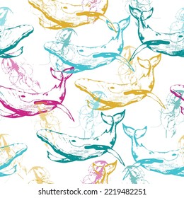 Sea animals blue watercolor ocean seamless pettern fish, turtle, whale and coral.  Shell aquarium background.