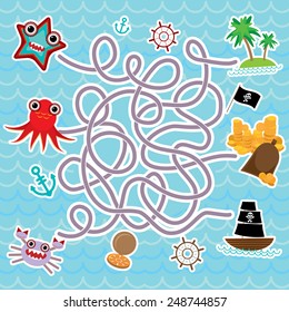 sea animals, boats pirates. cute sea objects collection labyrinth game for Preschool Children. vector