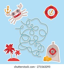 sea animals, boats pirates. cute sea objects collection labyrinth game for Preschool Children. Vector