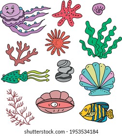 sea animals bright children's cute pictures drawn by the way stickers stars algae seashells rainbow clouds fish jellyfish octopus set print textiles paper