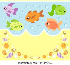 Sea animals cartoon background card with fish