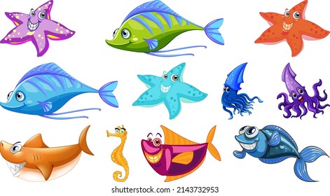 Sea animals cartoon collection illustration