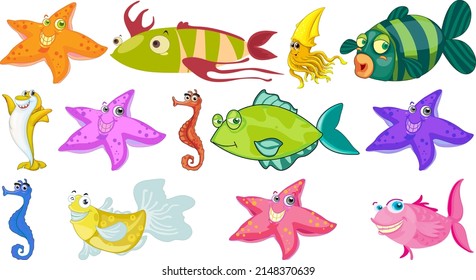 Sea animals cartoon collection illustration