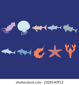 Sea animals cartoon cute sea underwater wildlife vector illustration set