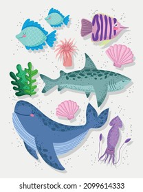 sea animals cartoon icon set