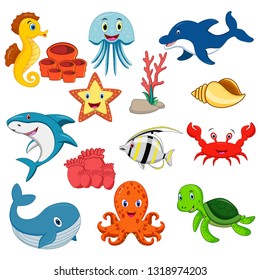 Sea animals cartoon set