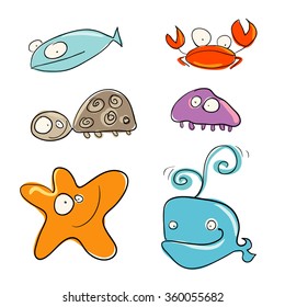 sea animals cartoon set funny vector characters happy wildlife animal nature star group fish reptile turtle aquatic smile pile earth tropical ocean crab scenery sea tropic smiling set fauna graphic gr