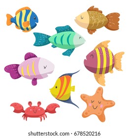 Sea animals cartoon set. Trendy design sea and ocean wildlife. Isolated vector illustration. Different types of fishes , starfish and funny crab.