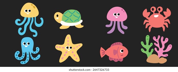 Animais marinhos cartoon, Submar, Animais aquáticos, Natureza, Elementos, Ilustração, Vetor