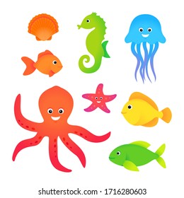 Sea animals cartoon vector set, cute underwater animals collection stickers for children