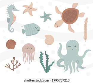 Sea animals, cartoon vector set, isolated on white. Marine creatures.