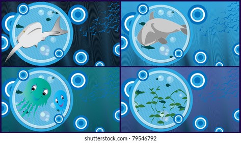 sea animals cartoon,blue  background