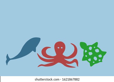 sea animals characters on blue background