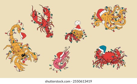 Sea animals with Christmas decorations