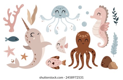 Sea animals clipart with narwhal, fish, octopus, sea ​​horse, jellyfish, seaweed. Ocean clipart in cartoon flat style. Hand drawn vector illustration