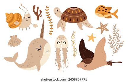 Sea animals clipart with narwhal, turtle, crayfish, fish, jellyfish, starfish, shell, seaweed. Ocean clipart in cartoon flat style. Hand drawn vector illustration