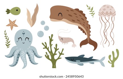 Animales de mar Clipart con pulpo, ballena, medusas, peces, estrellas de mar, algas. Clipart de océano en estilo plano de dibujos animados. Ilustración vectorial dibujada a mano