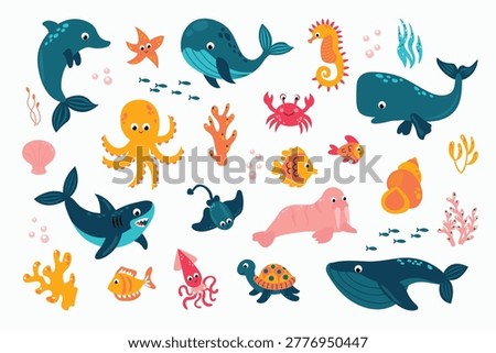 Sea animals clipart set with cute whale, shark, octopus and dolphin.