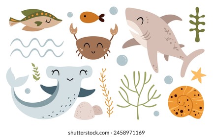 Sea animals clipart with shark, hammerhead, fish, crab, shell, seaweed. Ocean clipart in cartoon flat style. Hand drawn vector illustration