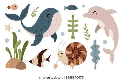 Sea animals clipart with whale, dolphin, crayfish, fish, starfish, seaweed. Ocean clipart in cartoon flat style. Hand drawn vector illustration