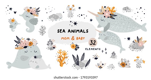 Sea animals collection, marine themes: plants, corals, flowers, sea horse, narwhal, whale, ocean fish, stars, moon, sea animals. Vector cartoon doodle set of marine life for creatures