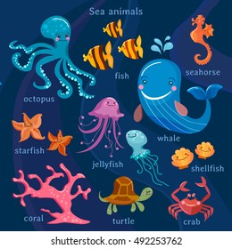 Sea animals collection octopus, fish, whale, jellyfish, turtle, crab cartoon Cute Sea Creatures vector 