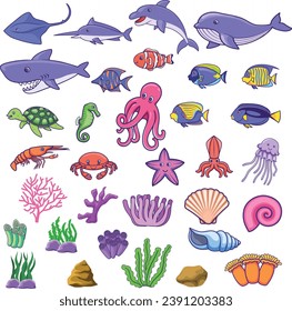 Sea animals collection with reef and coral isolated. Group of cute marine life in cartoon style. Underwater animals Illustration for sticker, clipart, print, children book, postcard, wrapping paper