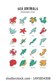 Sea animals color icons set. Turtle, jellyfish, lobster, skate, butterflyfish. Swimming mollusk and fish. Underwater wildlife. Ocean inhabitants. Aquatic creatures. Isolated vector illustrations