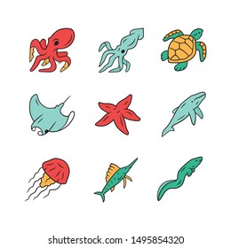 Sea animals color icons set. Swimming octopus, starfish, squid, jellyfish. Marine aquarium. Whale, skate, turtle. Underwater world inhabitants. Floating mollusk and fish. Isolated vector illustrations