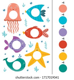 Sea animals color matching game for kids. Cut the circles and match. Preschool activity page for toddlers. Vector illustration