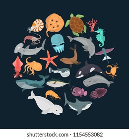 Sea animals color vector icons set isolated on black. Flat design
