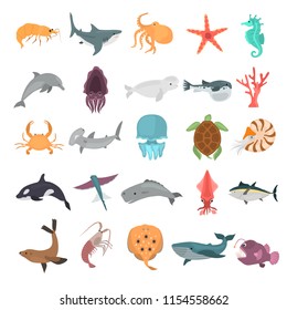 Sea animals color vector icons set. Flat design