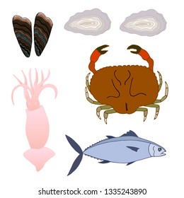 Sea animals color vector icons set