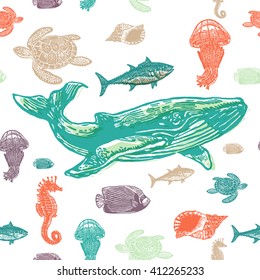 Sea animals colorful seamless vector pattern. Realistic engraved style of Sea animals on white background.