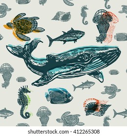 Sea animals colorful seamless vector pattern. Realistic engraved style of Sea animals on old paper.