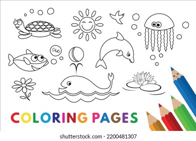 Sea animals coloring book. Vector coloring book pages for children education