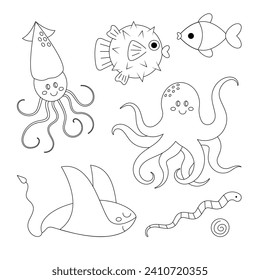 Sea animals coloring page. Cute cartoon characters set. Ocean octopus, squid, blowfish, fish, stingray, moray. Doodle style. Outline vector illustration for coloring book. 