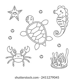 Sea animals coloring page. Cute cartoon characters set. Ocean turtle, crab, star, sea ​​horse, seaweed. Doodle style. Outline vector illustration for coloring book. 