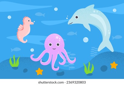 Sea animals concept. Octopus and shark underwater near reefs and corrals. Animal wildlife and fauna. Seahorse, star and fish. Marine dwellers in ocean. Cartoon flat vector illustration