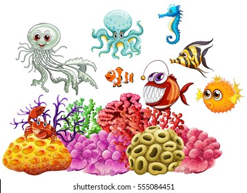 Sea animals and coral reef underwater illustration