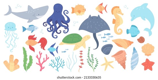 Sea animals, corals, seaweed and seashells, aquatic life. Seahorse, whale, fish, shark, dolphin underwater creatures and plants vector set