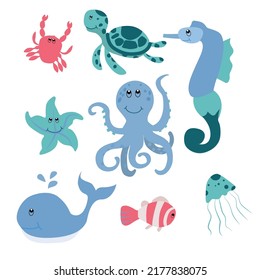 Sea animals. Crab, turtle, sea horse, fish, octopus, starfish, whale. Vector isolated illustration on white background.
