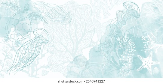 Animales marinos, criaturas marinas y plantas submarinas. Fondo de mar de arte. Vector. Diseño de lujo con salpicaduras de acuarela azul. Diseño de la Plantilla para el texto, empaquetado, impresiones, diseño de la tarjeta de felicitación decorativa 