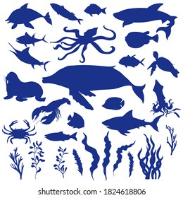 Sea Animals and Creatures Blue Silhouette Vector Set. Marine Flora and Fauna Concept