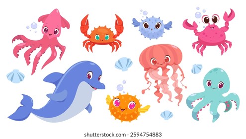 Sea animals. Sea creatures and elements. Sticker collection. Collection of cartoon sea creatures including crab, octopus, squid fish and dolphin. Vector cartoon set of marine life objects. Flat illust