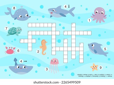 Sea animals crossword. Educational puzzle game for children. Cute cartoon characters. Printable worksheet for preschool kids. Vector illustration.