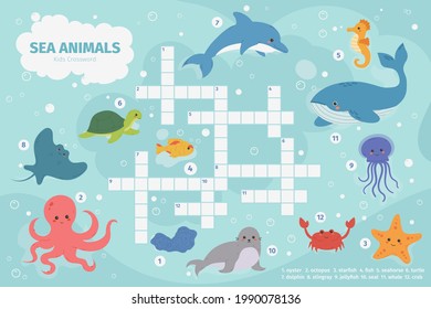 Sea animals crossword. Kids crossword puzzle game, underwater marine animals, octopus, turtle and whale vector illustration. Ocean fauna children crossword. Animal fish, underwater octopus and crab