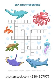 Sea animals crossword. Simple ocean quiz with marine underwater inhabitants. Worksheet colorful printable vector Illustration.